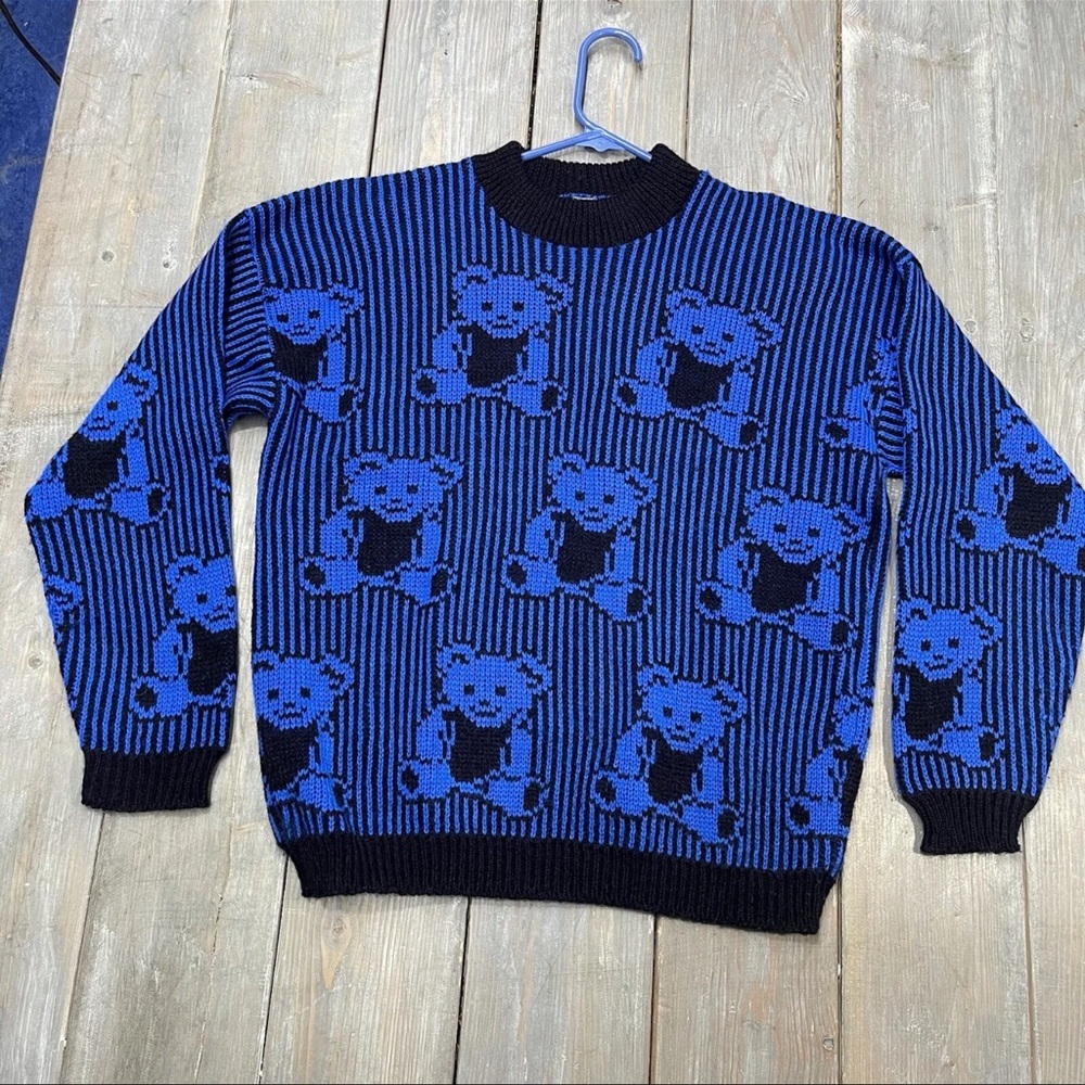Adele Knitwear VTG womens pullover sweater blue black striped teddy bear size 2